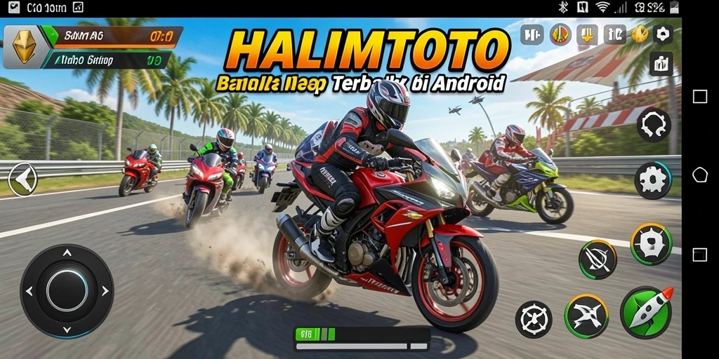 Screenshot gameplay HALIMTOTO menampilkan aksi balapan motor yang seru.