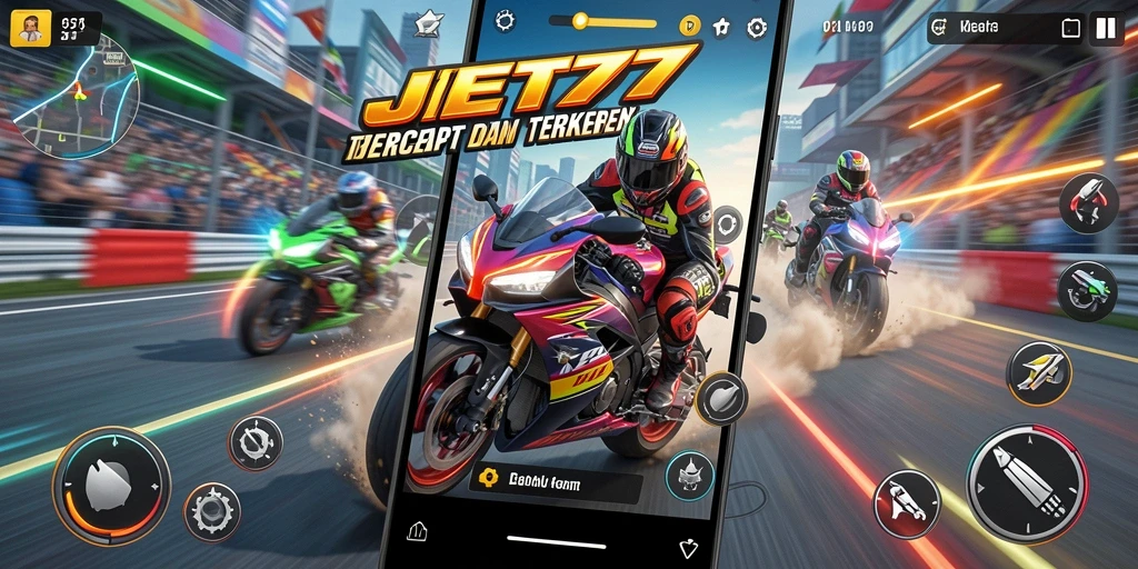 Screenshot gameplay JET77 menampilkan balapan motor yang intens dan seru.