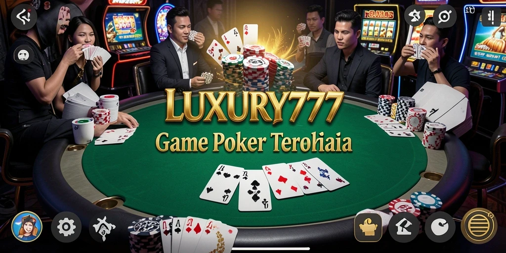 Tangkapan layar utama LUXURY777 menampilkan suasana permainan Poker yang mendebarkan.