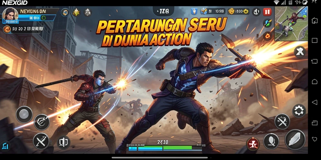 Tampilan gameplay NEXGID yang mendebarkan saat pertarungan.