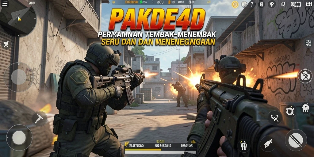 Screenshot utama PAKDE4D menampilkan aksi tembak-menembak yang mendebarkan.
