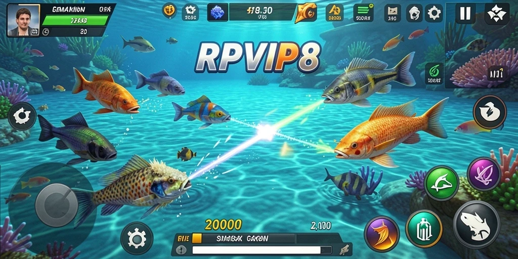 Tampilan gameplay RPVIP8 dengan aksi menembak ikan.