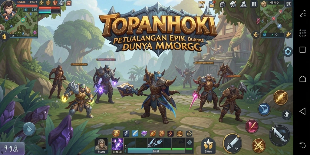 Tangkapan layar gameplay TOPANHOKI yang menunjukkan pertarungan epik dan eksplorasi.